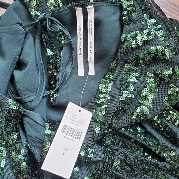 NEW ANTHROPOLOGIE SEQUINED OPEN-BACK MINI GREEN DRESS - Picture 6 of 7